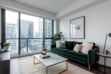 Modern living room with a green velvet sofa, a marble coffee table, and a large window with a city view.