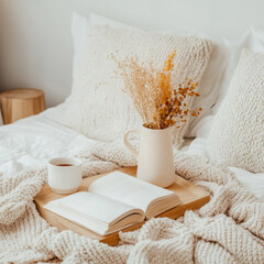 cozy bedroom scene with book, cup of coffee, and vase of dried flowers on wooden tray, all set on knitted blanket