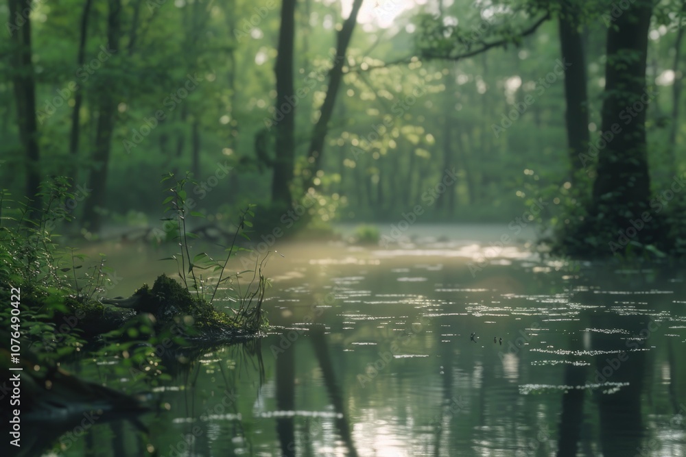 Poster a serene stream runs through a dense forest with lush green vegetation