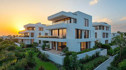 Elegant white apartment buildings surrounded by greenery and sunset views highlight modern living.