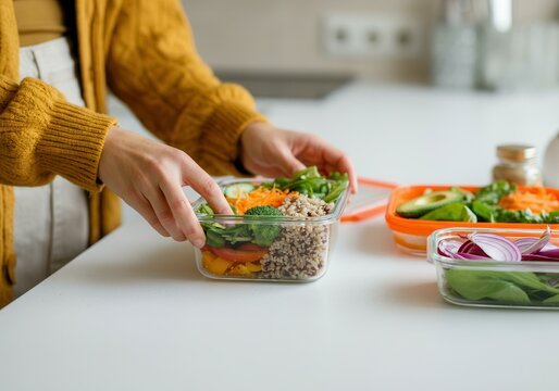 Young adult female preparing healthy vegetarian meal in kitchen, emphasizing fresh vegetables and meal prepping