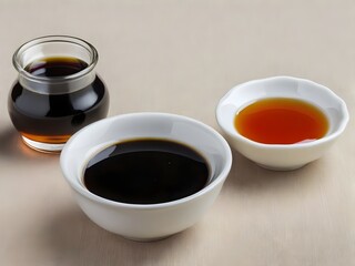 A small bowl of soy sauce, isolated on a white background