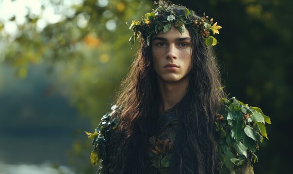 Young man with long dark hair in a forest fae costume, wearing green and brown leaf armor