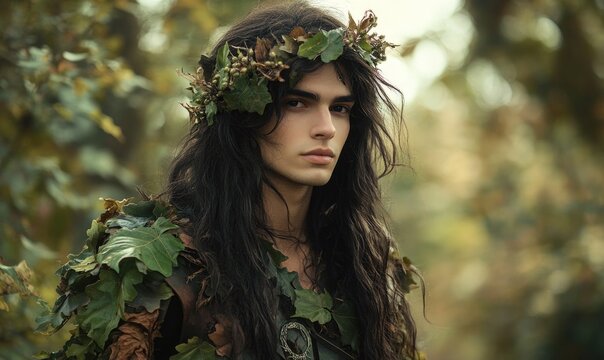 Young man with long dark hair in a forest fae costume, wearing green and brown leaf armor