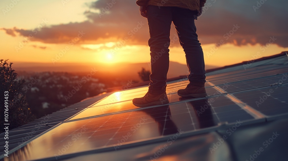 Poster a person stands at the top of a solar panel array, with a strong and confident pose