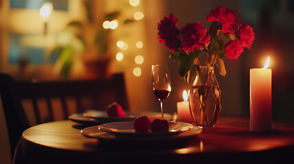 A cozy dinner setup featuring a lit candle, vase of red flowers, wine glass, and a warm romantic ambiance.