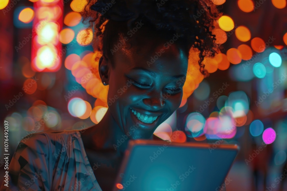 Poster a woman smiling while using a tablet computer