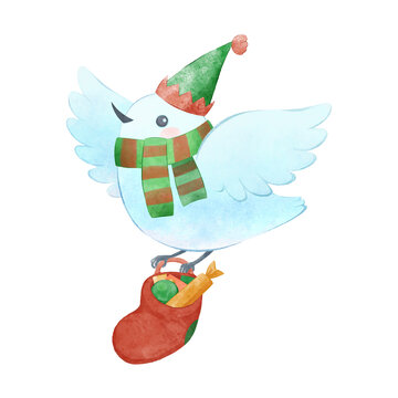 recommend clip art: Сute bird in a party hat and striped scarf carries gifts. Cartoon white dove flies, watercolor illustration. Children character design on isolated background. Design for print on card, sticker.