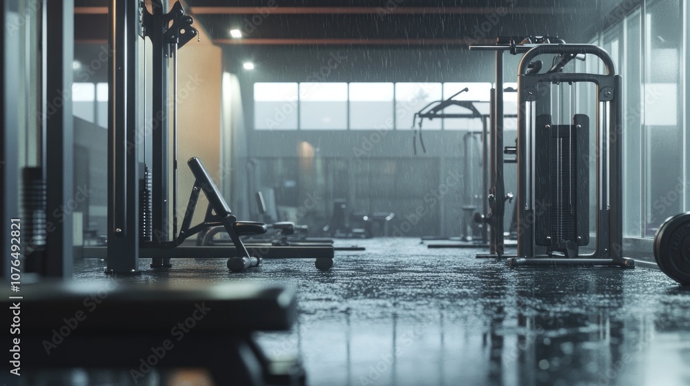 Poster a modern fitness room with various exercise machines and free weights scattered across the floor