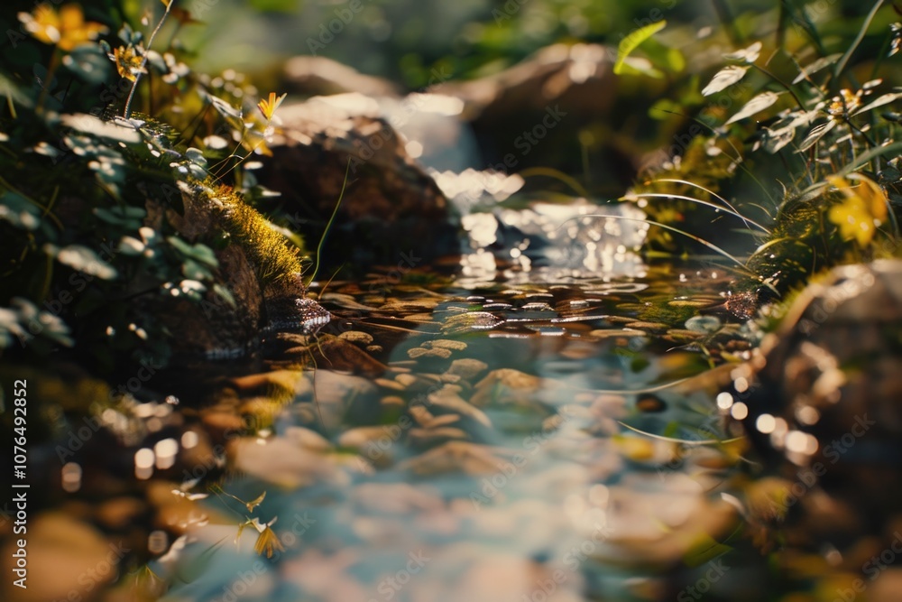 Poster a serene river flows gently through a dense and vibrant green forest, surrounded by tall trees and l