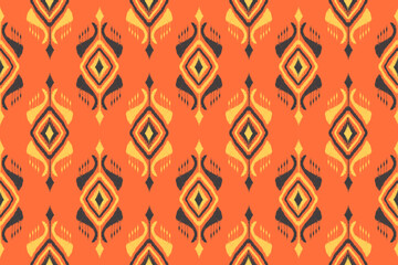 Ethnic Ikat seamless pattern on a orange background. Hand drawn tribal style beautiful fabric pattern. for carpet, textile, rug, clothing, batik, motif.