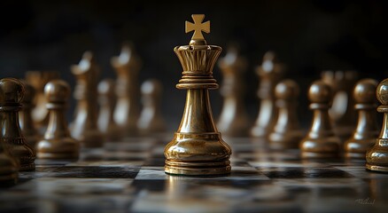 A golden chess piece stands on the board, facing off against many other pieces. The king is in sharp focus, the concept of this scene symbolizes strategic success in business or military strategy.