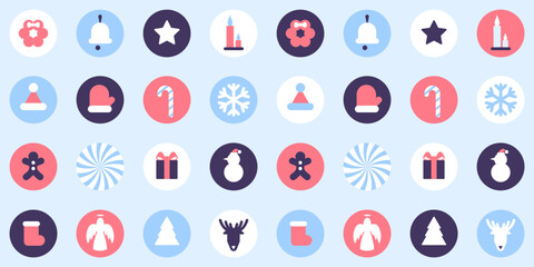 Christmas seamless pattern with New Year patterns. New Year colored mosaic texture for textiles, wallpapers, banner, card, cover, poster, advertising, packaging. Trendy Christmas icon set