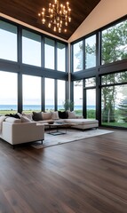 Fototapeta premium Modern living room with large windows overlooking a lake.
