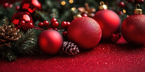 Obraz premium A collection of red Christmas ornaments arranged on a table