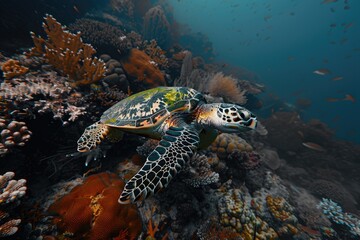 A turtle swimming over a coral reef in the ocean, great for underwater scenes or nature documentaries