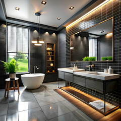 3d rendering modern black bathroom with luxury tile