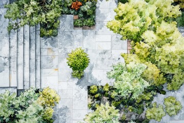 Naklejka premium Aerial view of a garden with trees and greenery