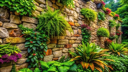 Naklejka premium Lush Green Plants Cascading Over a Rustic Stone Wall in a Tranquil Garden Setting, Showcasing the Harmony Between Nature and Architecture