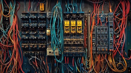 A collection of wires and switches in an electrical control room