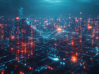 Futuristic City with Blockchain Visualizing Real Time Data Transactions and Connectivity