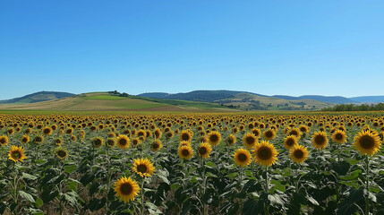 Obraz premium Field of sunflowers under a bright blue sky with rolling hills in the distance