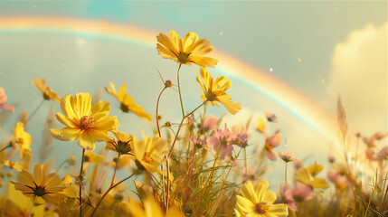 Obraz premium Cosmos Flowers field against rainbow sky version 3
