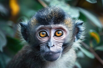 Obraz premium Close up of a curious monkey with striking yellow eyes in a lush green environment