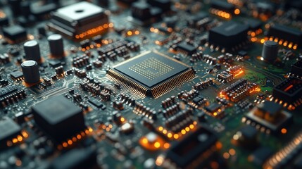 Obraz premium Close-up of a circuit board with chips and glowing connections.