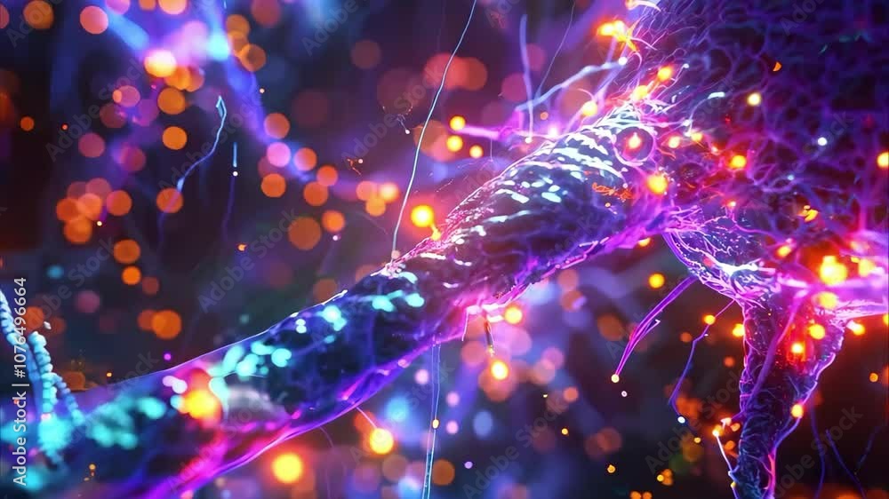 Poster a colorful representation of a neuron, highlighting its structure and connections in a vibrant, abst