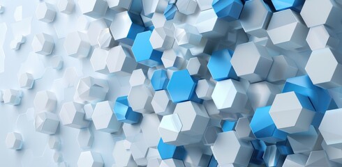 Abstract background with hexagons and cubes in grey, white, and blue colors for technology or business concepts.