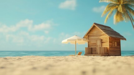 Small coastal dwelling with colorful umbrella providing shade on sunny day
