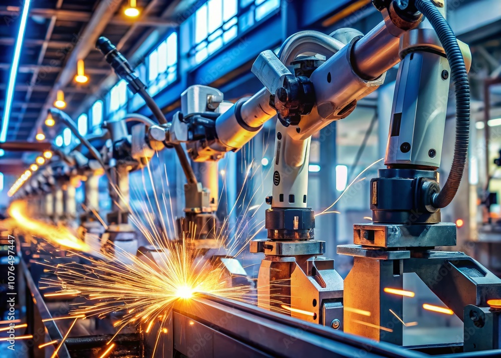 Poster macro photography of automated robot arm machines in smart industrial factories with laser-based wel