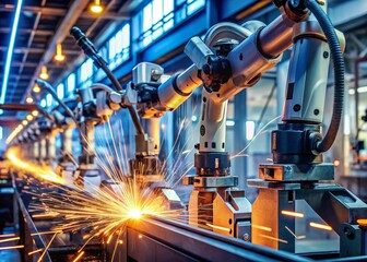 Fototapeta premium Macro Photography of Automated Robot Arm Machines in Smart Industrial Factories with Laser-Based Welding and Cutting Robots Operating in Production Lines