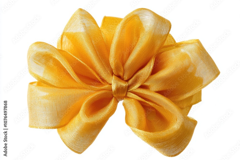 Poster a close-up shot of a bright yellow bow on a white background, perfect for designs and projects where
