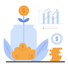 Jar of coins with a coin stem growing, next to stacked coins and a profit chart indicating growth