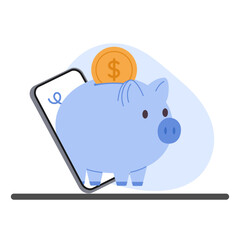 A piggy bank with a coin popping out from a phone screen, representing digital savings and mobile banking