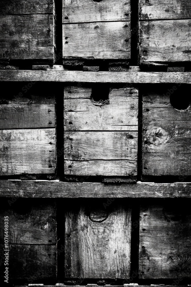 Poster a collection of wooden crates piled high on top of each other, awaiting use or storage