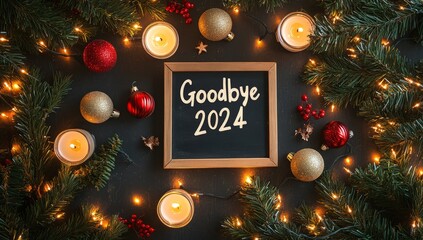 A heartfelt goodbye note on a chalkboard encircled by festive greenery, candles, and pinecones to welcome a new year