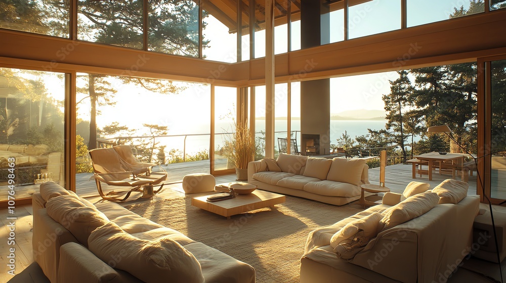 Poster a modern living room with a large sectional sofa facing a fireplace and large windows with a view of