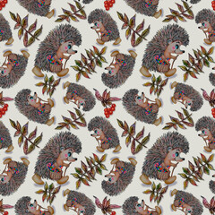 Seamless pattern of cute hedgehogs with berries and leaves. The hedgehogs with basket around of leaves and red berries. Hand drawn with colored pencils. The pattern is colorful and playful, cheerful.