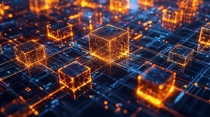 Glowing Blockchain Network of Interconnected Digital Cubes Symbolizing Secure and Immutable Technology