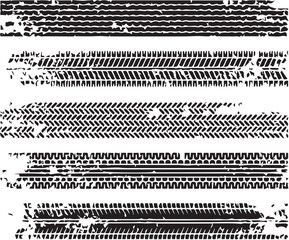 Grunge tire tracks, wheel braking marks. Truck, car or motorcycle tread pattern silhouettes. Auto race, motorsport, speed racing design element. Vector illustration