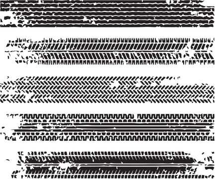 Grunge tire tracks, wheel braking marks. Truck, car or motorcycle tread pattern silhouettes. Auto race, motorsport, speed racing design element. Vector illustration