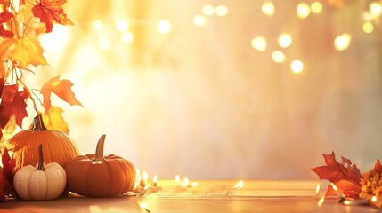 Autumn pumpkins and leaves with warm light backdrop