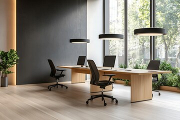 Modern office interior with wooden desk, black chairs, and large windows overlooking a green view.