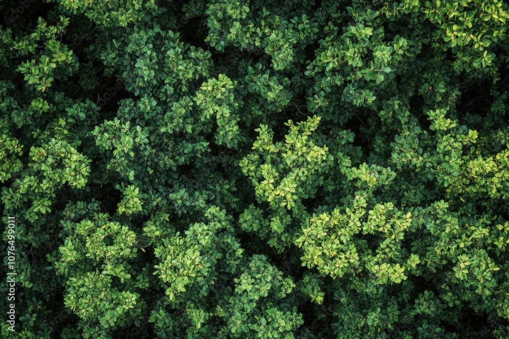 Poster aerial view of a dense and vibrant green forest with trees and foliage visible from above