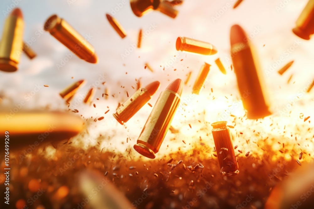 Poster aerial view of multiple bullet shells in mid-air, with no apparent source or context