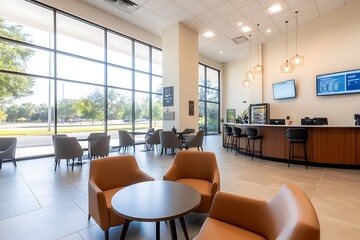Modern office lounge with large windows, comfortable seating, and a coffee bar.