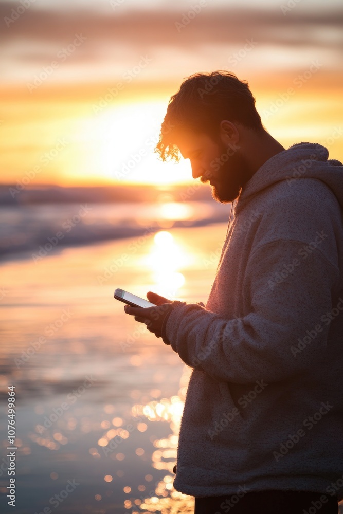 Aufkleber a person standing on a beach looking at their smartphone, possibly checking messages or surfing the 